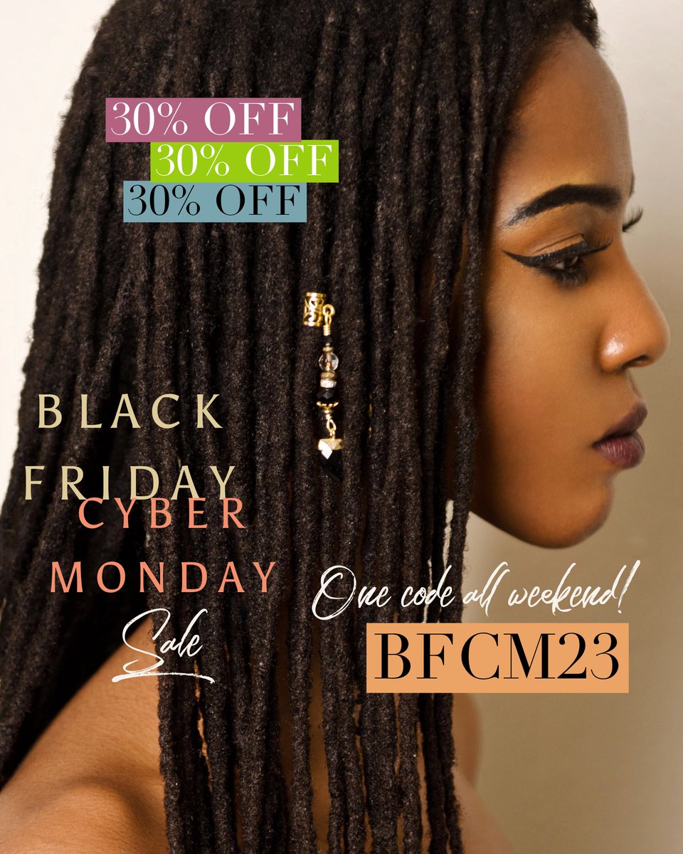 STARTS 5 pm TONIGHT 🏷️///// BLACK FRIDAY CYBER MONDAY SALE 🛍SITEWIDE ALL Collections / 30% off ALL WEEKEND w code: BFCM23 ➡️  #loclength #locjewelryforsale #loccolor, #womenwithlocs, #locaversary #productsforlocs #locs4life, #locinfluencer #locksworld_onelove,