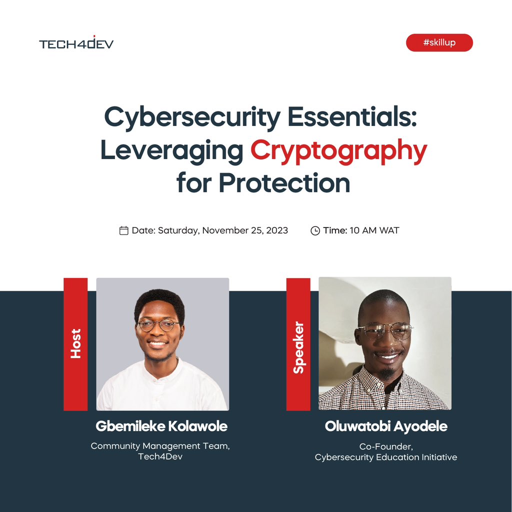 Tech4DevHQ's tweet photo. Are you a professional, student, or simply curious about the world of digital protection? Don't miss our upcoming Community Virtual Event: “Cybersecurity Essentials: Leveraging Cryptography for Protection.” https://t.co/V7a6hppy9c