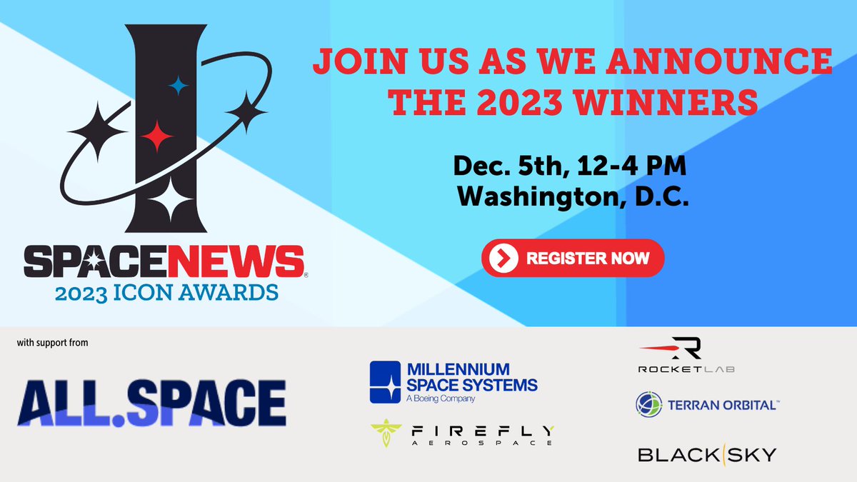 The SpaceNews Icon Awards is happening on December 6th, come honor excellence and innovation among space professionals, companies, and organizations during the previous 12 months. Get your tickets now! bit.ly/3SU9Upa @SpaceNews_Inc #SpaceNews #Icon #IconAwards