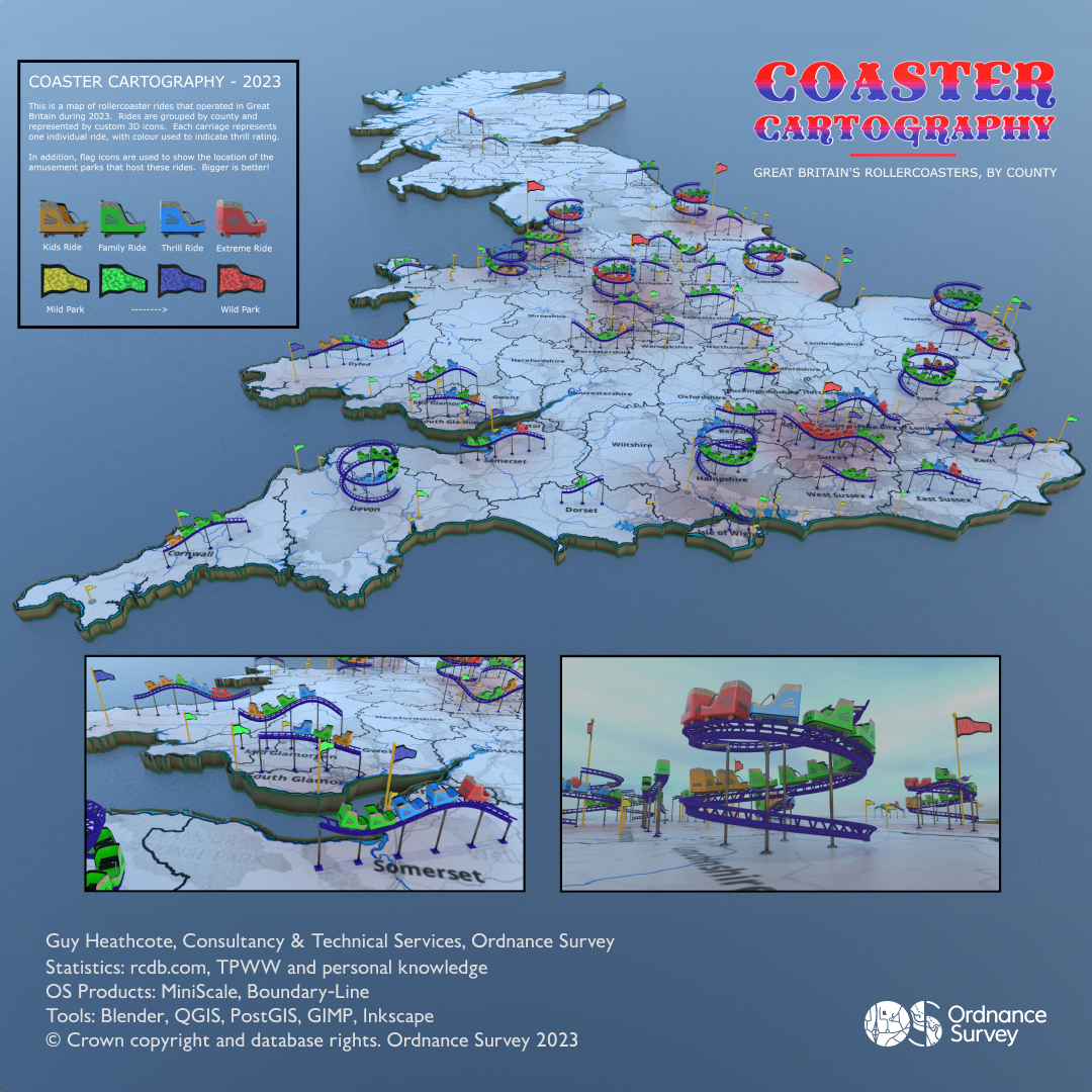 OS Product Development Consultant Guy Heathcote maps Great Britain's rollercoasters for #30DayMapChallenge, Day 23 - 3D. 

Attributed point data was used for the rollercoaster information, with OS MiniScale and Boundary-Line data
providing the backdrop mapping.
