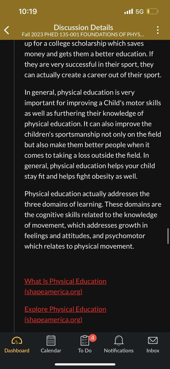 Here is an assignment I did in my physical education class where I read an article from shape america and learned more about physical education and why it’s important. #PHED135