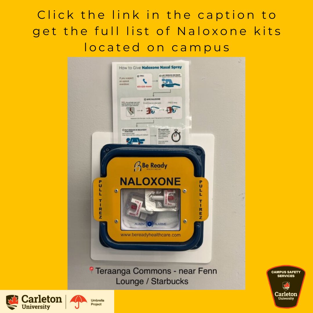 Did you know Naloxone is carried by our Campus Safety Officers and our CUSERT teams? To raise awareness and availability of Naloxone, 19 emergency Naloxone stations have been installed throughout campus, click here for a list of the locations: carleton.ca/ehs/wp-content…