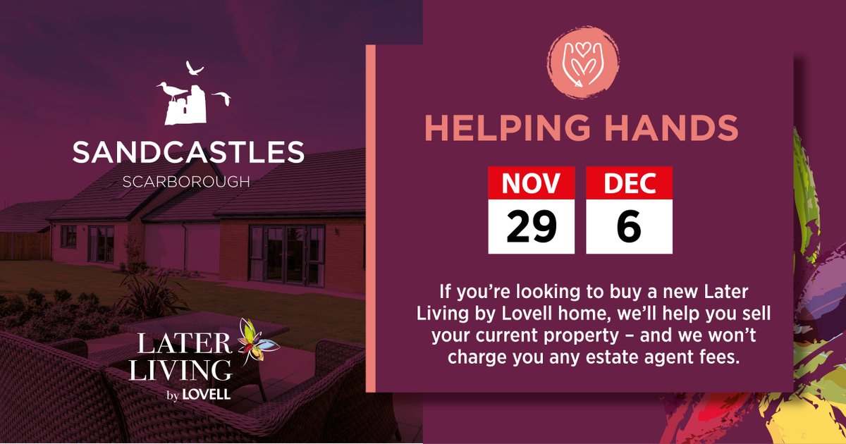 Selling your home has never been easier with our Helping Hands scheme. 

If you’re looking to buy a Later Living by Lovell home, we’ll help you sell your current home, and won’t charge you any estate agent fees!

Join us on 29th of November to learn more! ow.ly/Z33Q50QalYH