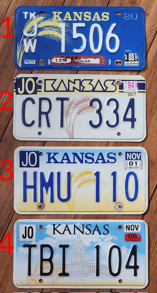 ksucats96's tweet image. #URGENT #CRITICAL POLL!!!
New Kansas license plate design just dropped, and it was met with overwhelming opposition. Which classic design would you prefer?
  1. Wheat on Sky Blue
  2. Pac-Man retro font
  3. Blue letters, wheat background 
  4. Statehouse, KS skies &amp;amp; wheat
