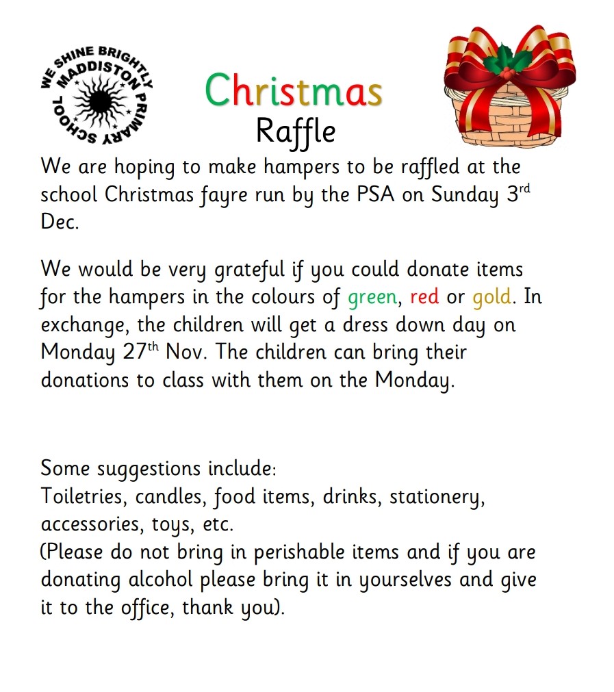 A reminder that children can dress down on Monday 27th if they would like to bring in something green, red or gold for the Christmas hamper that will be raffled at the Christmas Fayre.
@maddistonps
