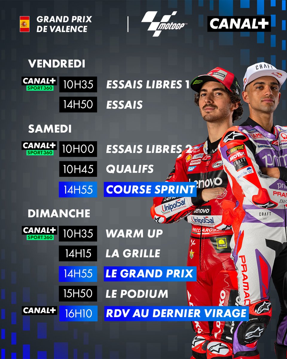 CanalplusMotoGP's tweet photo. 💥 #PECCOvsMARTIN : c’est LE moment de vérité ! 

Le programme complet du #ValenciaGP ! ⤵️

Avec un débrief exceptionnel dimanche à 16H10 qui réunit les teams #MotoGP et #F1, histoire de fêter dignement la fin de saison 🎉 https://t.co/Lh4DRxdvHz