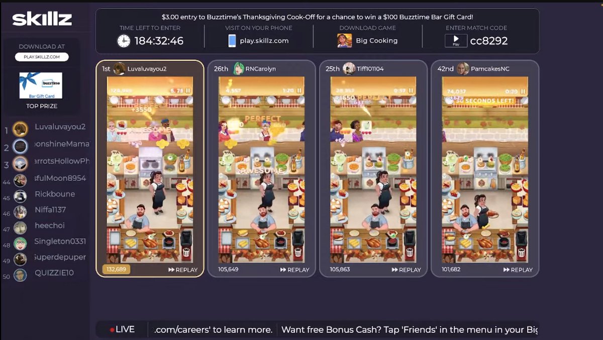 OK, so this is actually pretty sweet.  <a href="/skillz/">Skillz</a> is streaming a live leaderboard of a #Thanksgiving #BigCooking event.   I wish WE could do something like this? 🤔😉😉 youtube.com/watch?v=tLKmfv…