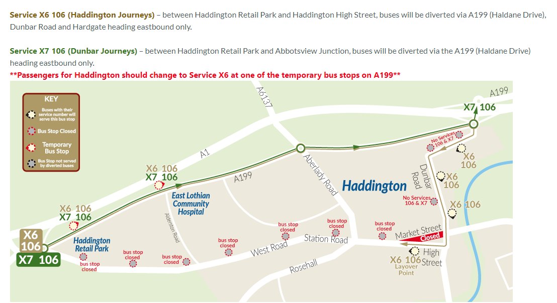 EastCoastBuses's tweet photo. ⚠️Customer Information⚠️

Services 106, X6 &amp; X7 - Due to resurfacing works, Market Street in Haddington will be closed from Saturday 25th November between 0745 hrs and 1715 hrs EACH DAY for approx. 2 days.

Further details are available here ➡️ https://t.co/puWxWFGixL https://t.co/A4f8IjYTzv