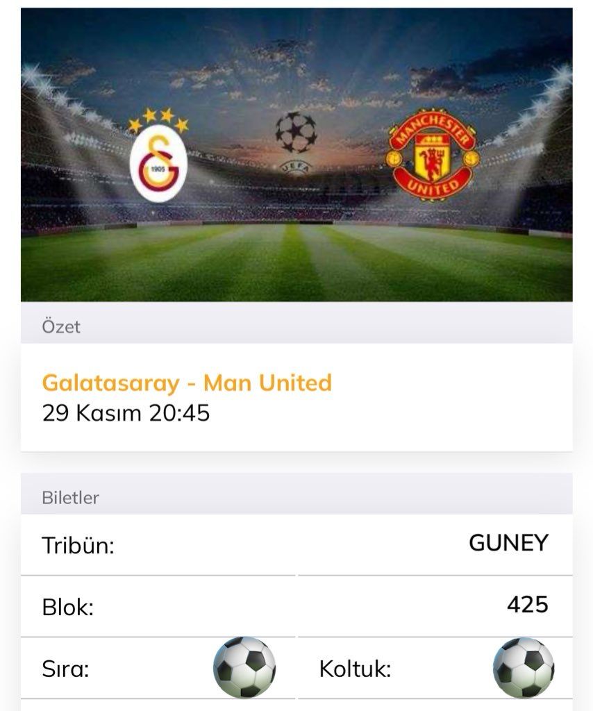 Galatasaray - Manchester United maçına 1 adet güney üst bilet devir edilecek ilgilenen dmye
 #GSbilet
#GalatasarayBilet
#kombinenidevret 
#kombinedevir 
#BiletDevir 
#bilet
#Kombinedevret
#kombine
#galatasaraykombine 
#tickets
#süpelig  #Galatasaraybilet  #Galatasaraybilet