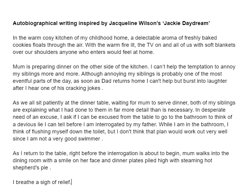 HWD_Upper's tweet photo. Inspired by Jacqueline Wilson's autobiography, Jacky Daydream, James E, Chloe S and Grace H have written an additional chapter imagining life in Jacky's 1950s family kitchen. We hope you like them Jacky! @JackyWilsonHQ #HazelwoodYear6 #HazelwoodPersonalisedLearning https://t.co/oiKgIJ0xfd