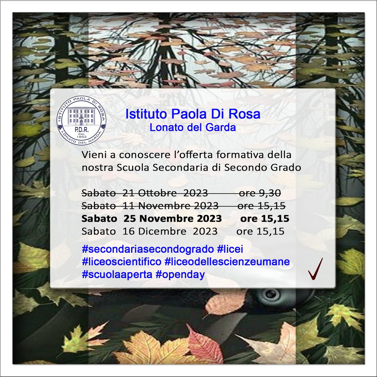 AnnaCaldara's tweet photo. 25 novembre 2023 - ore 15.15 - Presentazione dell'OFFERTA FORMATIVA - Visita agli ambienti
OPEN DAY - LICEI PAOLA DI ROSA - Lonato del Garda https://t.co/qXrFmZ6i9V