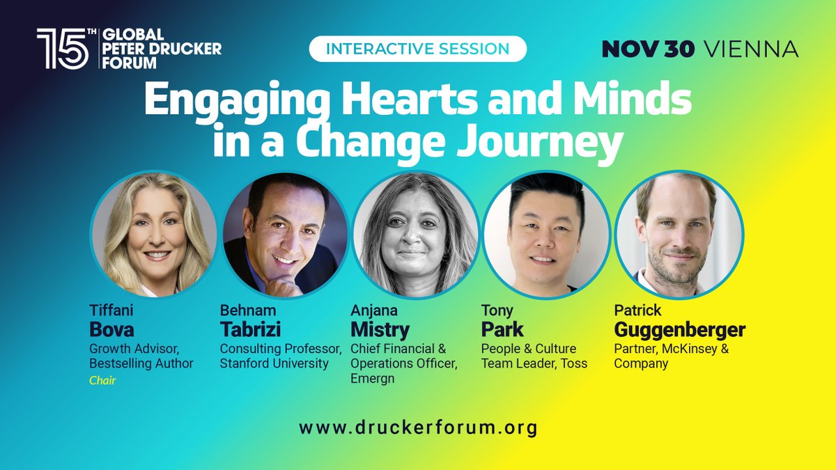 Creative responses to unforeseen events always entail change — and require collective commitment to a better future. 

Join:
<a href="/Tiffani_Bova/">Tiffani Bova</a> <a href="/TabriziBehnam/">Behnam Tabrizi</a> <a href="/AnjanaMistry20/">Anjana Mistry</a> Patrick Guggenberger, &amp; Tony Park 

Tickets👇🏻 onlineregistrations.eu/events/drucker… 

<a href="/emergn/">Emergn</a> <a href="/McKinsey/">McKinsey & Company</a> #druckerforum #gpdf