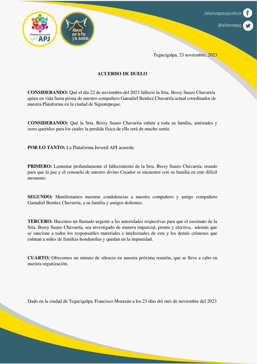 alianzapyj's tweet photo. Lamentamos el fallecimiento de la prima de nuestro coordinador en Siguatepeque, Gamaliel Benitez. Desde la Plataforma Juvenil de APJ, enviamos nuestras condolencias y apoyo en estos momentos difíciles. Consuelo y fuerza para superar tan dolorosa pérdida. 🕊️🌹 #QEPD https://t.co/Z4jER02G4m