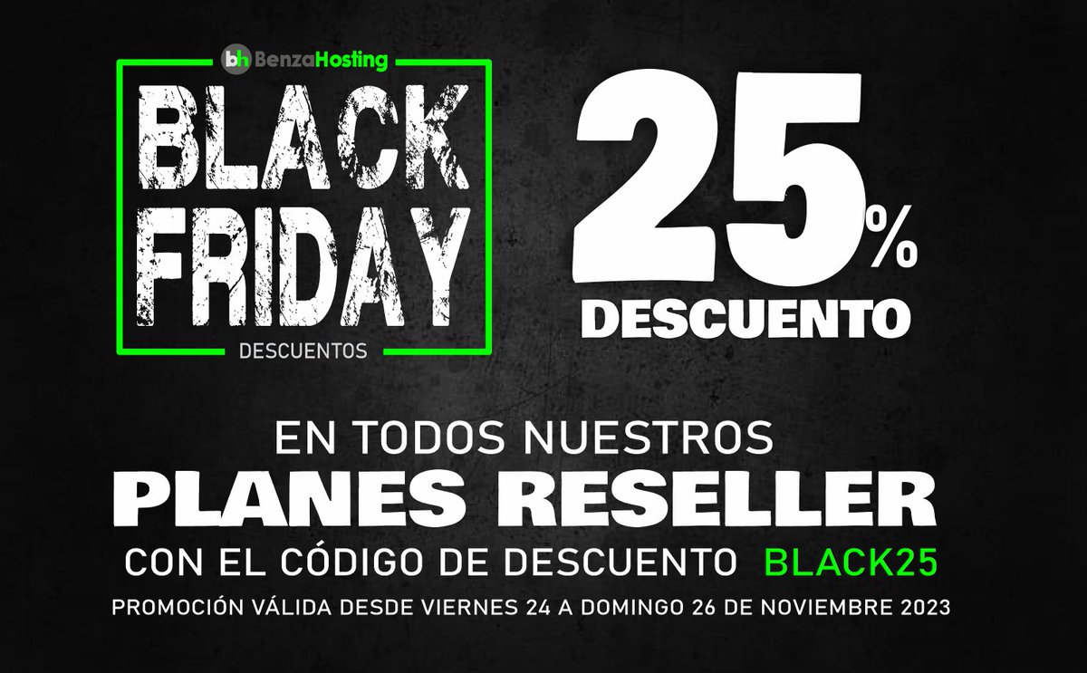 BenzaHosting's tweet photo. En este #BlackFriday la oportunidad de crecer es posible.
Obtén cualquiera de nuestros planes Reseller para revendedor de Hosting, con un insuperable descuento de 25%.
Promoción válida hasta el Domingo 26 de Noviembre 2023
Aquí: https://t.co/J2Exdbfe3b https://t.co/vVTuqzEdWu