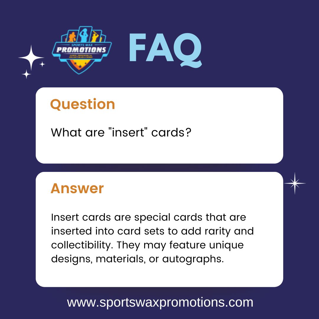 SportsWaxPromo's tweet image. "Insert" cards are like hidden gems within a card set. They're not your typical base cards; instead, they're special and unique.

Learn more!
Visit: sportswaxpromotions.com

#InsertCards #HiddenGems #CollectibleCards #RareFinds