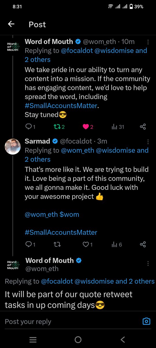 focaldot's tweet photo. Look guys, the @wom_eth team is very helpful. They are engaging thru comments and replying with commitment to grow and help small account community in coming Future with the hashtag we created #SmallAccountsMatter so don't fade on this project and start shilling $wom
@Focaldot👈 https://t.co/LOFnUtOwZ3