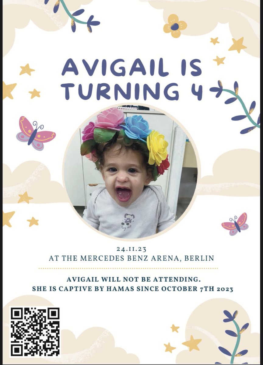 Tomorrow Avigail is turning 4 and I’m organizing her birthday party in Berlin.

She won’t attend bc she’s held hostage by the Hammas in Gaza.

But she was on the list of kids to be released tomorrow. 

Now it was updated to only include live people. Her name is no longer there.