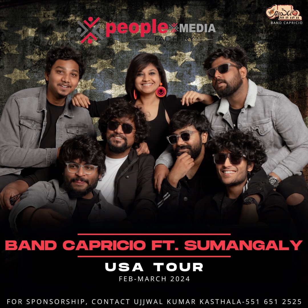 Hello USA!! 🎶 Get ready to embark on a musical journey like never before! 🌟 Join us from Feb to March 2024 for an unforgettable experience with @bandcapricio featuring the incredible #sumangalyariyanayagam @vishwaprasadtg @KasthalaUjwal