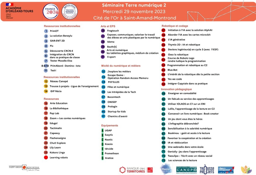 Drane_ot's tweet photo. Le programme du prochain séminaire #TNE  @ac_orleanstours Terre Numérique 2 est prêt !  @SGPI_avenir #France2030 
Cette année il se déroulera à @Citedelor @SAM18200

🤝#IntelligenceCollective🤝 DSI @Drane_ot @dsden18 @canope_18 @LaLigue18 @GIPRecia @TrousseAProjets Edtechs https://t.co/8QlhFihfIB
