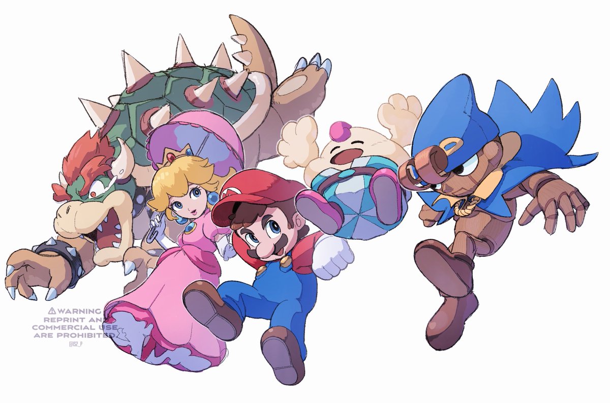 bowser ,mario ,princess peach 1girl multiple boys hat blonde hair dress spikes gloves  illustration images