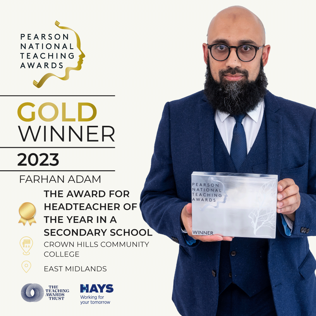 Congrats to the GOLD winner of The Pearson National @teachingawards Headteacher of the Year in a Secondary School, which goes to Farhan Adam of Crown Hills Community College in the East Midlands. Visit link.hays.com/46vsabg to learn how to enter the 2024 awards! #teachingheroes