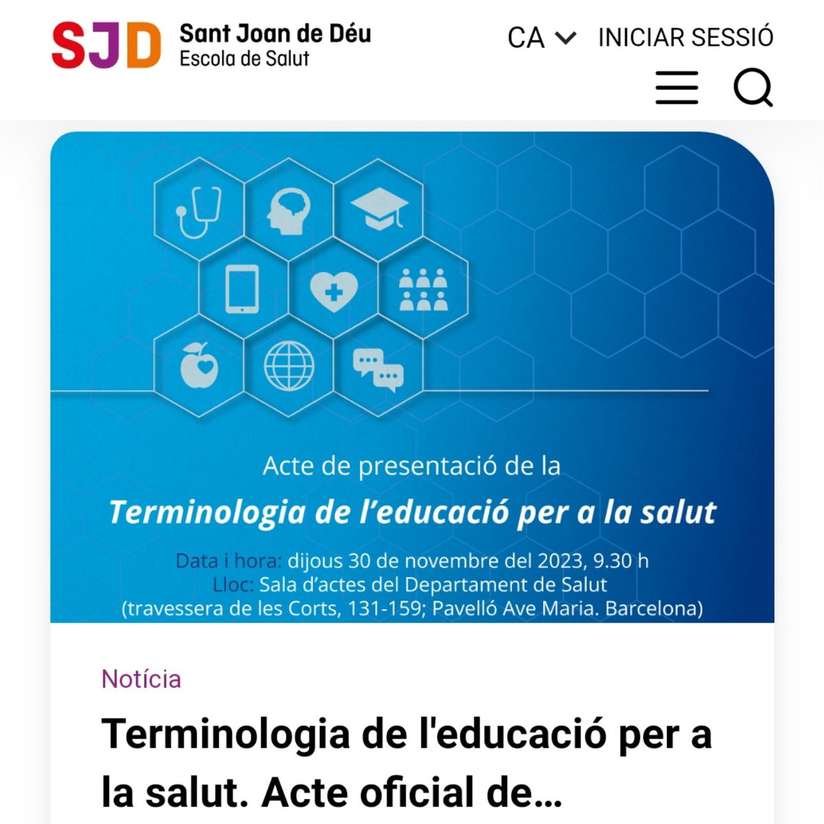 30N: Presentació oficial de la 'Terminologia de l'#educació per a la #salut', un diccionari en línia amb més de 100 termes, incloent les principals innovacions que marcaran el #futur d'aquest àmbit. Autoria: <a href="/salutcat/">Salut</a>, <a href="/termcat/">Termcat</a> i <a href="/SJDbarcelona_ca/">Hospital Sant Joan de Déu Barcelona CAT</a>

+ info👇🏻 escolasalut.sjdhospitalbarcelona.org/ca/observatori…