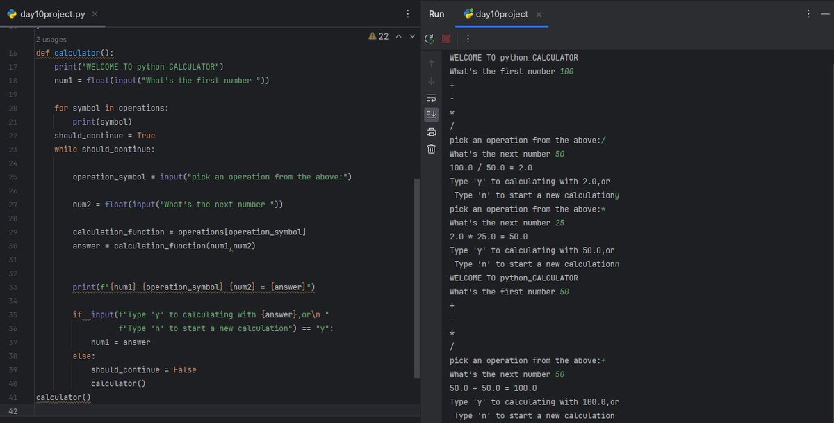 suryakrishna_vp's tweet image. #100DaysOfCode
Day:10
𝙿𝚁𝙾𝙹𝙴𝙲𝚃 : 𝙲𝙰𝙻𝙲𝚄𝙻𝙰𝚃𝙾𝚁
#pythonprogramming #PythonForLife #PythonForBeginners
🧐functíσnѕ wíth σutputѕ 🧠multíplє rєturn vαluєѕ 🤥prínt vѕ rєturn😇whílє lσσpѕ, flαgѕ αnd rєcursion 😍