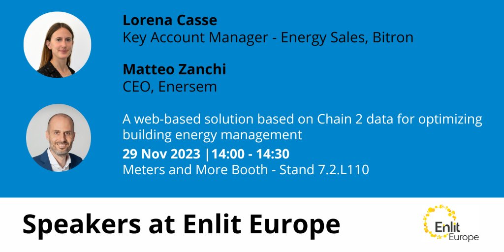 We are pleased to announce that Lorena Casse - Key Account Manager, Energy Sales at Bitron, and Matteo Zanchi – CEO, Enersem, will be joint presenters at the Meters and More booth at Enlit Europe on Wed 29 Nov at 14:00-14:30!
 
#EnlitEurope #beyondthemeter #energytransition