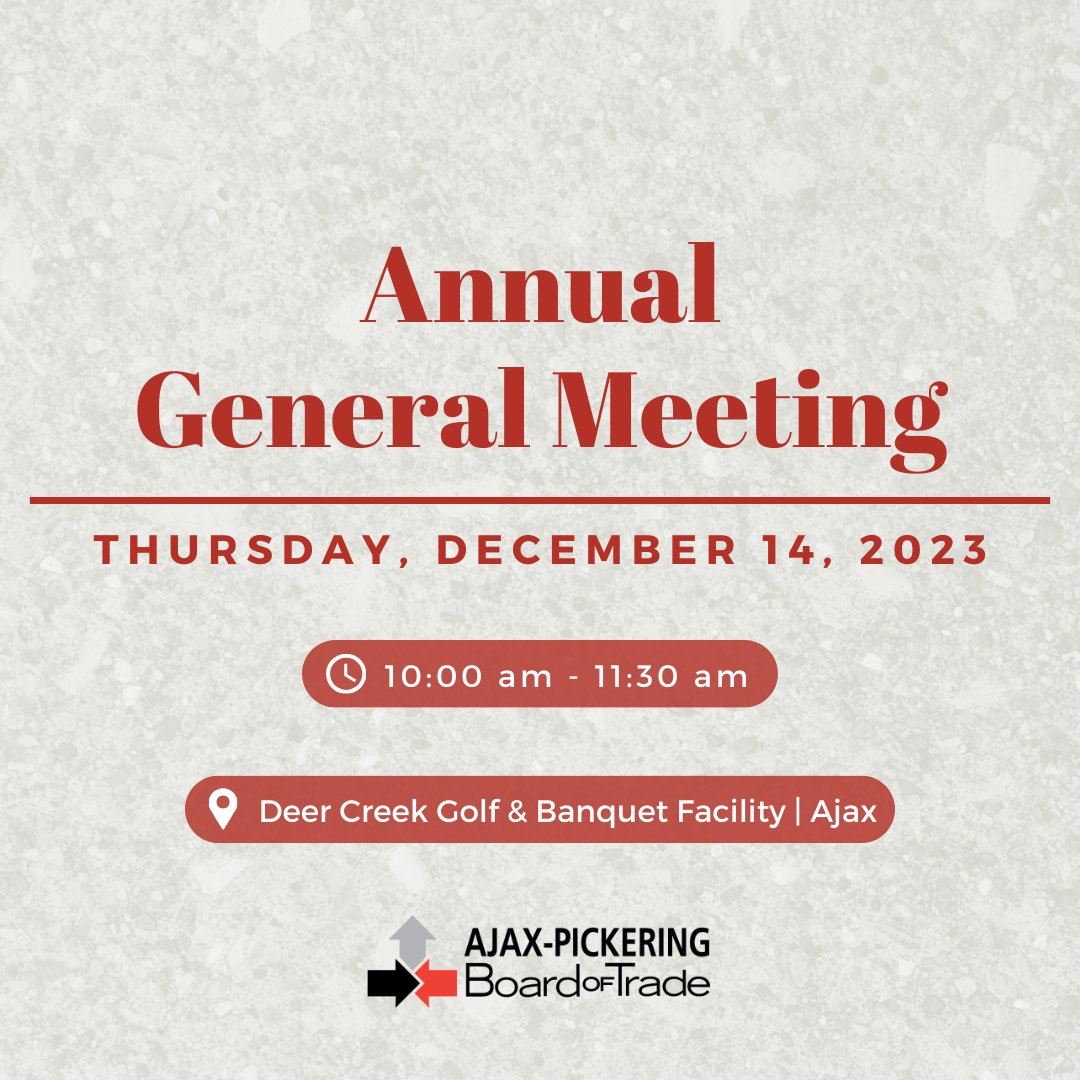 Ajax-Pickering Board of Trade (@apboardoftrade) on Twitter photo Join us for a festive finale at our year-end celebration!
📅 Thurs. Dec. 14
🕛 11:00 AM - 2:00 PM
📍 Deer Creek Golf, Ajax
Luncheon 👉 bit.ly/HolidayLunch20… presented by <a href="/369Global/">369 Global</a>
AGM 👉 bit.ly/AGMEvent2023
#APBOT #Networking #AjaxOntario #PickeringOntario #Durham Join us for a festive finale at our year-end celebration!
📅 Thurs. Dec. 14
🕛 11:00 AM - 2:00 PM
📍 Deer Creek Golf, Ajax
Luncheon 👉 bit.ly/HolidayLunch20… presented by <a href="/369Global/">369 Global</a>
AGM 👉 bit.ly/AGMEvent2023
#APBOT #Networking #AjaxOntario #PickeringOntario #Durham
