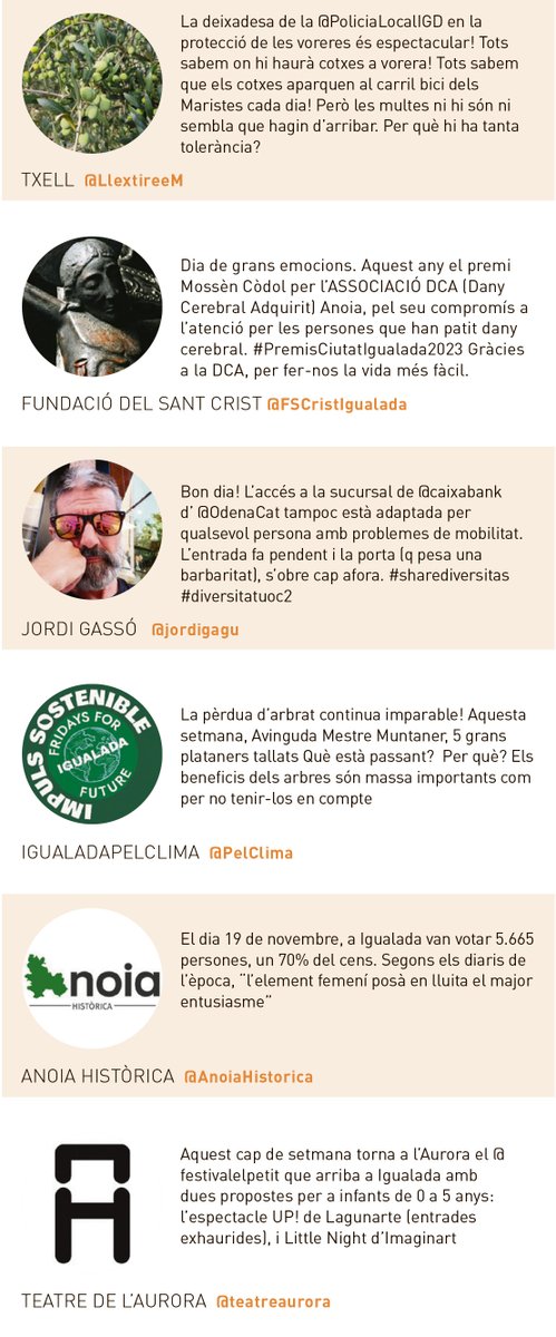 #TUITAIRES | 📢Els tuitaires d'aquesta setmana a La Veu #latevaveu 👇📲

<a href="/LlextireeM/">Txell</a> 
<a href="/FSCristIgualada/">Fundació del Sant Crist d'Igualada, Mn Còdol.</a> 
@jordigagu 
<a href="/PelClima/">AnoiaPelClima</a> 
<a href="/AnoiaHistorica/">Anoia Històrica</a> 
<a href="/teatreaurora/">Teatre de l'Aurora</a>
