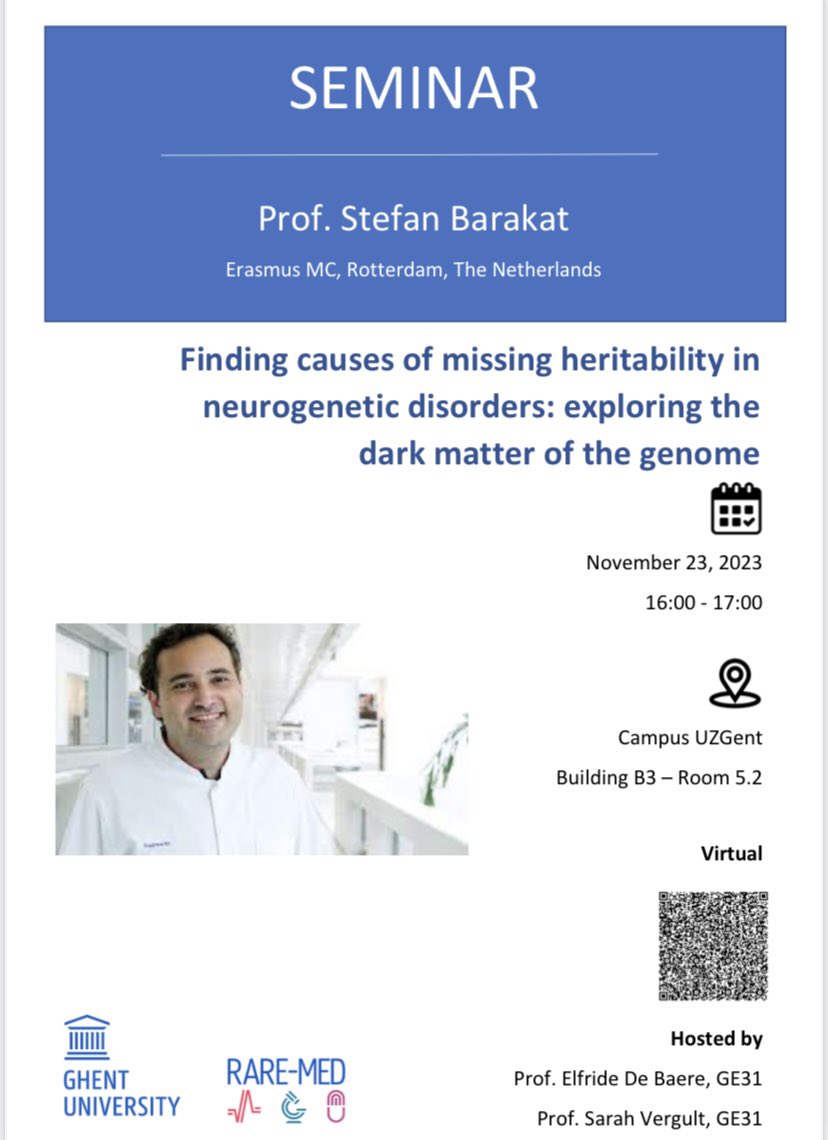 elfridedebaere's tweet photo. Great talk from @StefanBarakat about missing heritability in neurodevelopmental diseases. About the 'dark matter' of the genome, Explainable AI and other exciting concepts! 👇
#IMHS @ugent_fge
@Erasmusgenetica @ErasmusMC https://t.co/qzl5JpDGwd