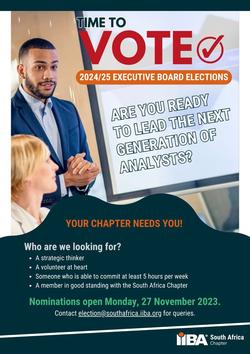 📣 Your community needs you! IIBA SA needs visionary leaders to join our Board of Directors for 2024/25. Got what it takes? Or know someone who does? Nominate now! Become the change. Let's aim high. Nominations open Monday, 27th November. #IIBASA #Leadership #Nominate