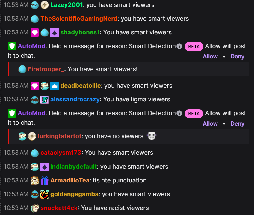 Hey <a href="/Twitch/">Twitch</a> <a href="/TwitchSupport/">Twitch Support</a> . Let's play a game. Which message do you think should not be allowed and which do you think maybe should have been allowed?