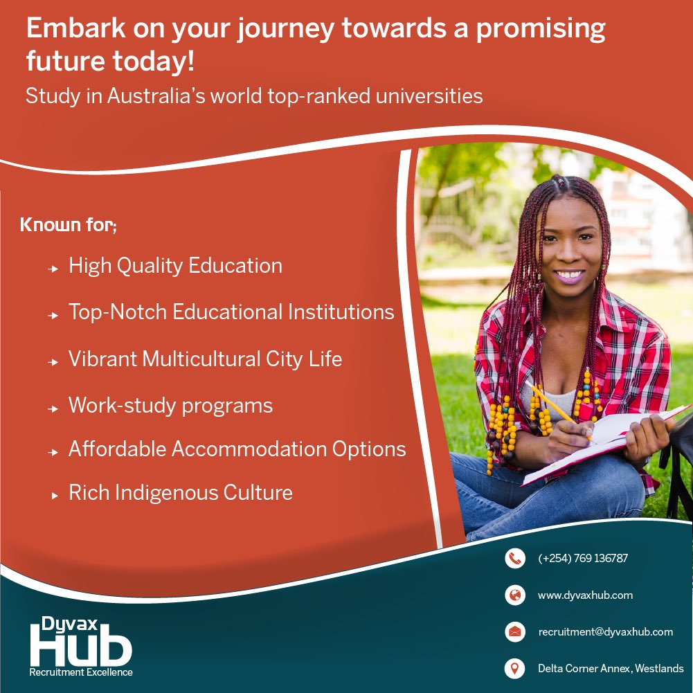 DyvaxHub's tweet photo. Dyvax Hub has the scale and expertise to help students access world class education and then turn this accomplishment into a career launch pad. 

Call Us at +254 769 136787 or visit us at Delta corner annex, Westlands

#StudyinAustralia https://t.co/J2O3rOoZvl