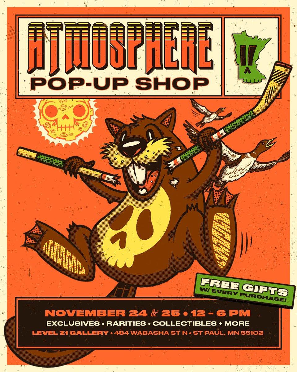 rhymesayers's tweet photo. 🗓️ TOMORROW & SATURDAY 🗓️
@ATMOSPHERE POP-UP SHOP 💥 🛍️ 🐿️
 
Exclusives, rarities, collectibles and more. Free gifts with EVERY purchase!

exclusive shirt by @adiorga 
limited figurine by blueapple612

November 24th & 25th
12 - 6PM

Level Z1 Gallery
484 Wabasha Street N
St. Paul, MN 55102