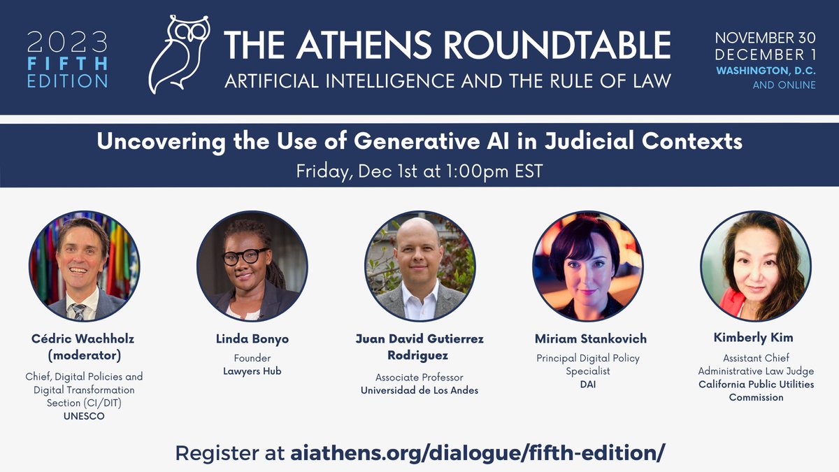 lawyershubHQ's tweet photo. Join us for the 2023 edition of The Athens Roundtable on Artificial Intelligence and the Rule of Law!

UNESCO will be presenting some early insights from our survey of the judiciary on generative AI with our Founder @BonyoLinda , Miriam Stankovich, Juan David Gutiérrez Rodríguez and Judge Kimberly Kim

☑ When → Thursday, November 30th, and Friday, December 1st. 

☑ Where → Online via Zoom Events and in-person at The Jack Morton Auditorium, Washington, D.C.

➡ Register now: https://t.co/K6PtYgbrZu

#AIAthens2023