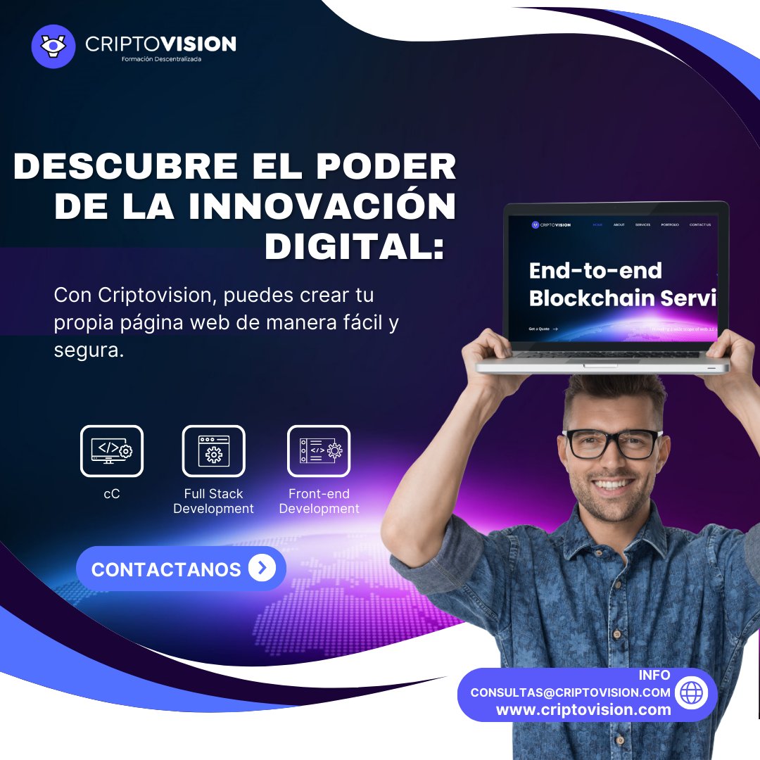 CRIPTOVISION1's tweet photo. ¡Descubre un nuevo horizonte digital con Criptovision! 🌐💻 Explora el fascinante mundo de la tecnología e innovación. Construye tu propia página web de manera fácil y segura, y conecta con nosotros para transformar tus ideas en realidad. 🚀✨ #CriptoWeb #InnovaciónDigital https://t.co/HzYUPRQSQr