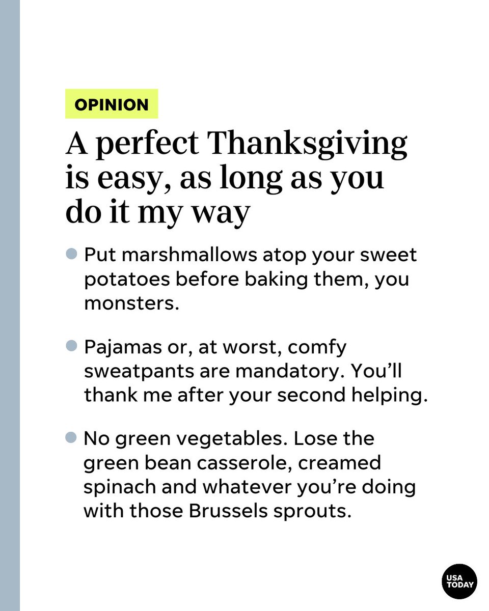 usatodayopinion's tweet photo. Are you putting raisins in your stuffing? Wearing a tie to dinner? Stop that right now and familiarize yourself with columnist @RexHuppke's Thanksgiving rules. You &amp; your family will have a better holiday, trust us. (You can thank him later.) https://t.co/KCFqKRUMpQ https://t.co/LAS1bo0RIp