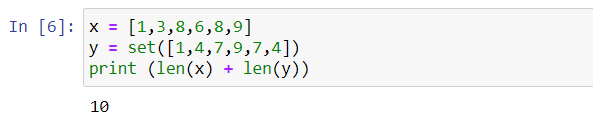 @pythoncodequs Answer is 10.

Reason:

➡️len(x) returns the length (number of elements) of the list x, which is 6.

➡️len(y) returns the number of elements in the set y, which is 4 (please note unique elements only for set).

So 6+4 is 10.