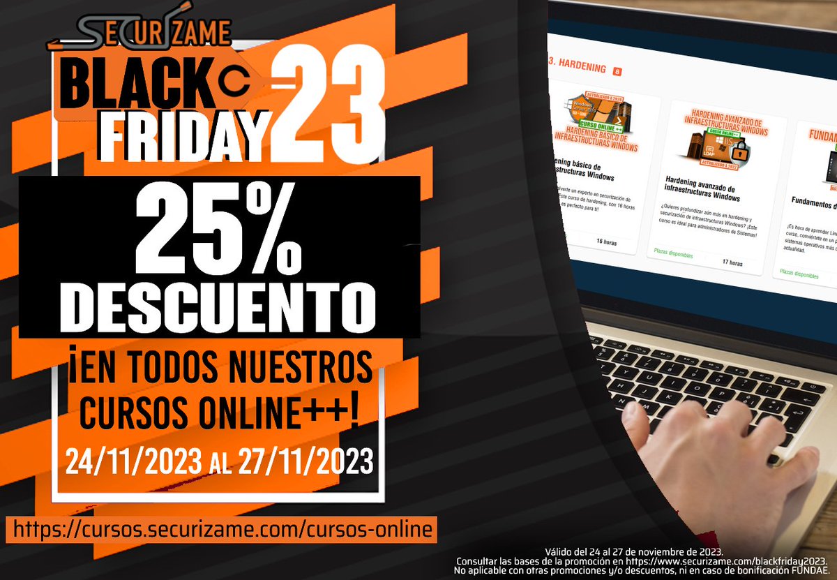 ¡25% de descuento en formación online++! securizame.com/blackfriday202… En esta página podéis encontrar algunos de los cursos que entran en la oferta ¡Y que se quedan a un precio increíble! ¡Aprovechad! #Cursos #CiberSeguridad #RedTeam #Hacker #BlueTeam #Noticia #DFIR