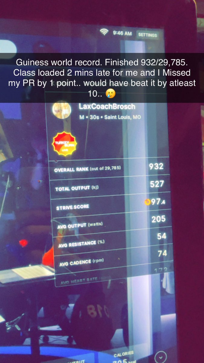 Going to cry. Missed my #TurkeyBurn PR badge by 1KJ because the live class loaded 2min late for me.. still happy with my ride. Stupid servers. Feels good to burn 700 calories before 10am. <a href="/onepeloton/">Peloton</a>