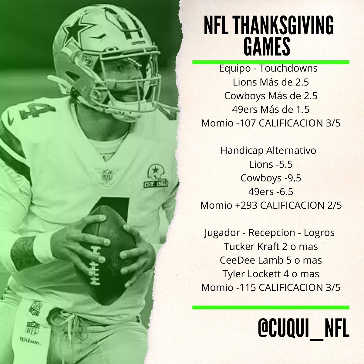 Cuqui_NFL's tweet photo. Los Picks para los 3 juegos de este jueves🦃

Felíz semana 12!!!🏈 https://t.co/SeiRU8sFMX