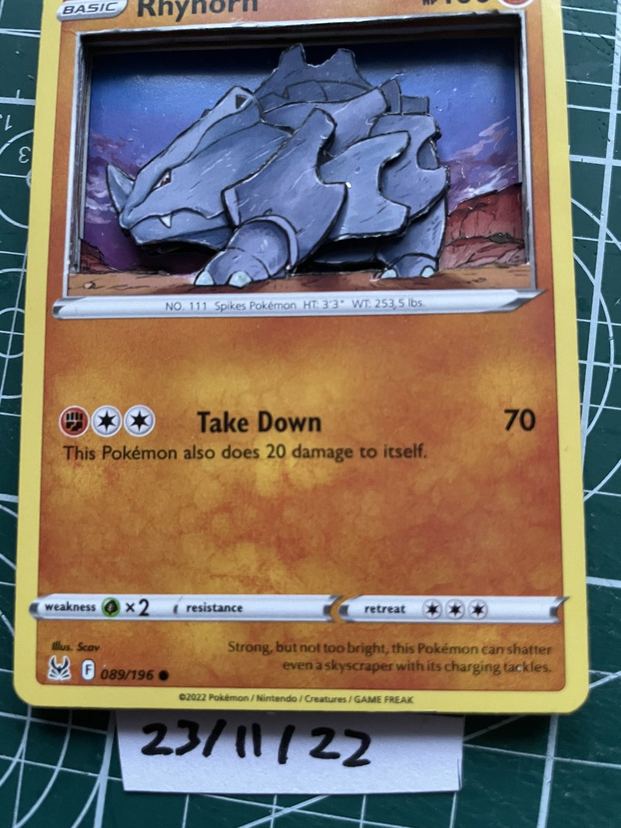 Custom3Dcards's tweet photo. What 1 year (with breaks) of growth looks like! Here we have #rhyhorn from the #lostorigin set! 

#pokemon #tcg #pokemoncards https://t.co/C3DbMau7KR