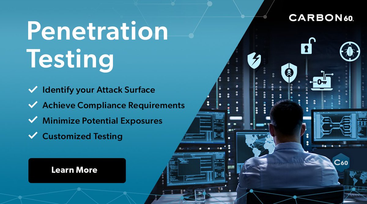 Identify and address #cybersecurity weaknesses, gain visibility into how a breach might occur, and insights into protecting against a cyberattack with Carbon60’s #PenetrationTesting Services. Learn more: bit.ly/3pAiz3M