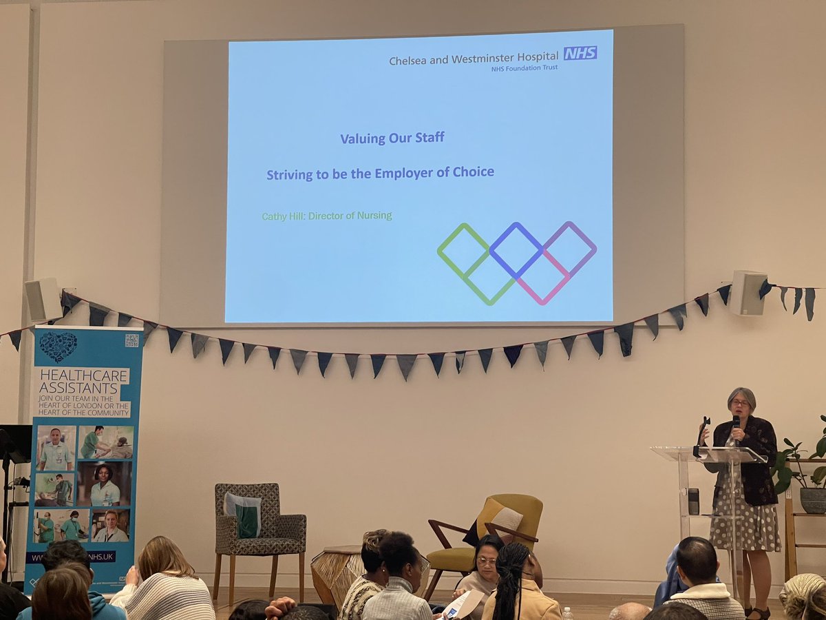 The closing presentation of the #HealthCareSupportWorkersDay away day is delivered by Cathy, Hospital Director of Nursing at WestMid @CathyHillTW outlining the Trusts commitment to being the #EmployerofChoice 🌟
#PROUDtoCare💙
#ChelWestPROUD
#WestMidPROUD