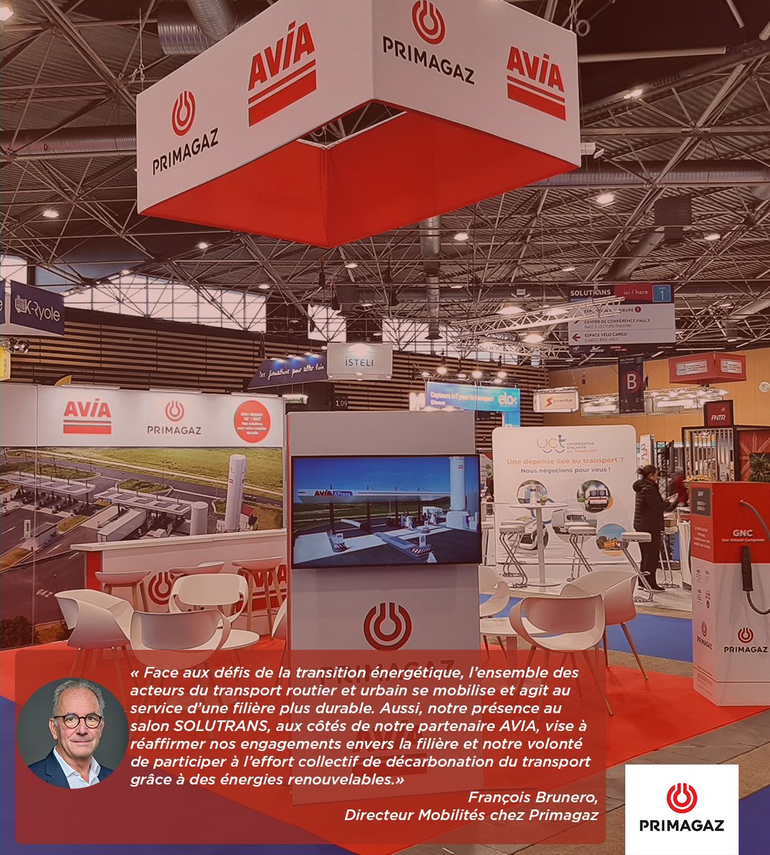 Primagaz_France's tweet photo. [GNV] Primagaz présent à la 17ème édition du salon @SOLUTRANS 🚚

Aux côtés de @Avia_France, nous réaffirmons notre volonté de répondre à la forte demande des transporteurs, grâce au maillage des 18 stations Avia-Primagaz sur tout le territoire français ⛽️ https://t.co/IooeZMWIhU