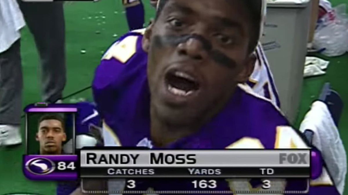 LGlodek's tweet photo. Happy Thanksgiving from Randy Moss! 

3 catches, 163 yards, 3 TDs

Nobody did it like him! #skol https://t.co/4koFVs5TWe