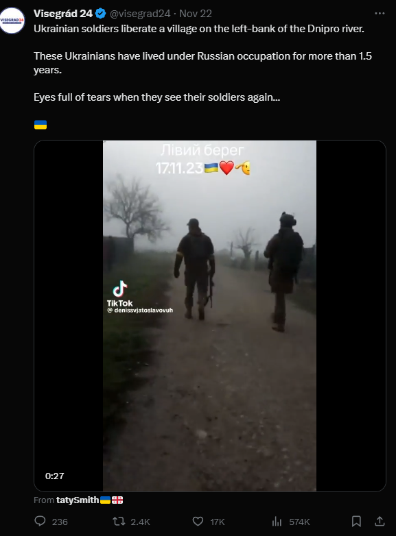GeoConfirmed's tweet photo. GeoConfirmed UKR - Disinformation.  

❌This video is from 2022 and other location ❌

This is the liberation of the village of Soldatske in Kherson Oblast in 2022 and not a recent liberation as claimed.  

46.757433, 32.251300  

GeoLocated by @99Dominik_ https://t.co/oMZzFltkEG