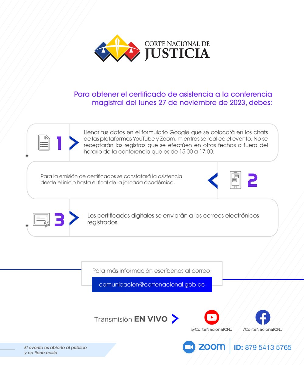 CorteNacional's tweet photo. ✉️#AcademiaEnLaCorte| La @CorteNacional invita a la conferencia “El rol de la justicia ordinaria frente al arbitraje”, participan: Roque Caivano, docente de @UBAonline y Javier Jaramillo, director de @ieaecu.
📌Modalidad virtual (Gratuito)
💻Únete en vivo➡️https://t.co/czdSs9SN85 https://t.co/RGsoFC0ZMN