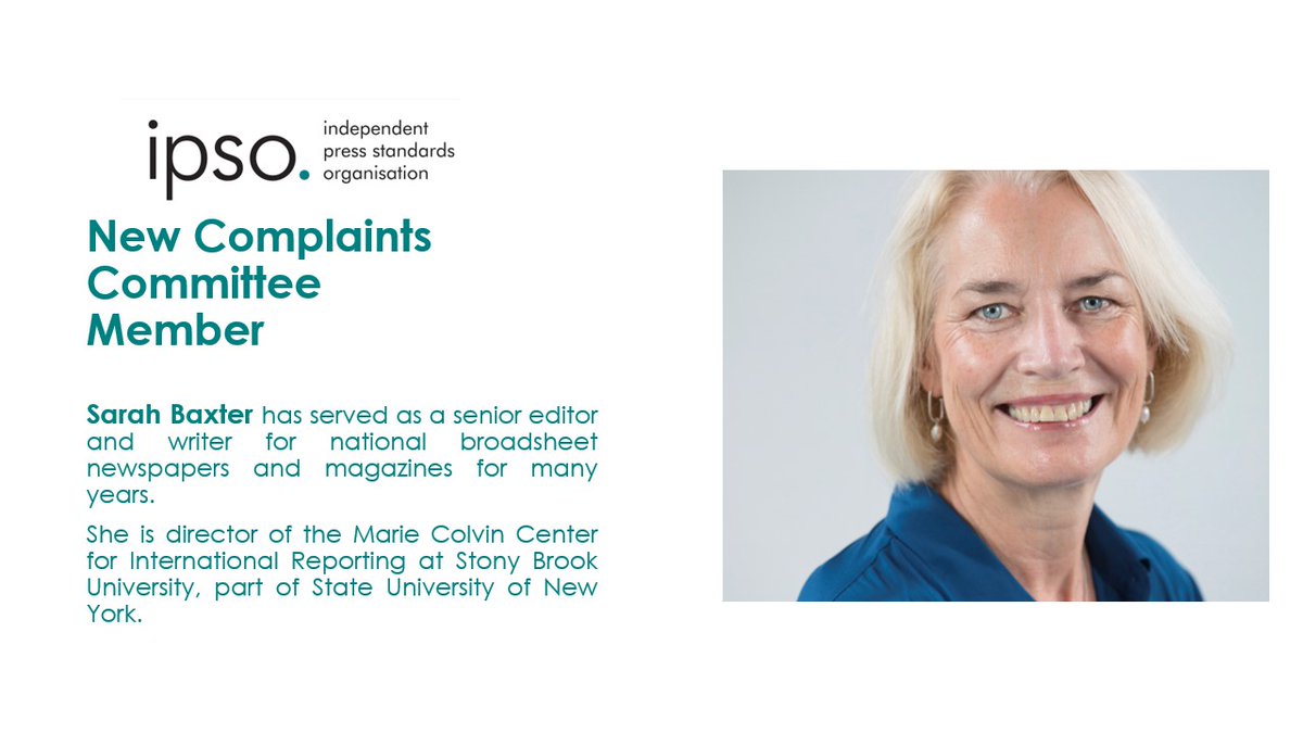 IpsoNews's tweet photo. A prominent journalist and former editor Sarah Baxter has joined IPSO’s Complaints Committee. For details, visit: https://t.co/yilhCgsemk https://t.co/PiNmJDA1Hw